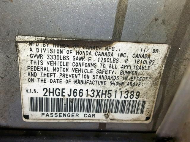 2HGEJ6613XH511389 - 1999 HONDA CIVIC BASE 银色 照片 10