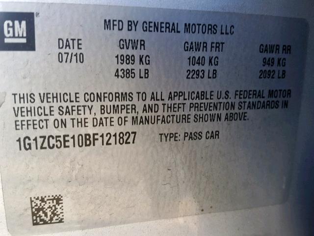 1G1ZC5E10BF121827 - 2011 CHEVROLET MALIBU 1LT 银色 照片 10