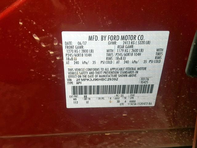 2FMPK3J96HBC29392 - 2017 FORD EDGE SEL RED photo 10