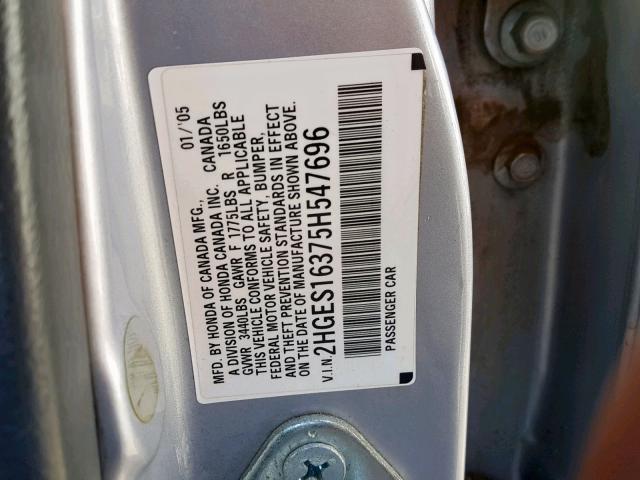 2HGES16375H547696 - 2005 HONDA CIVIC DX V SILVER photo 10