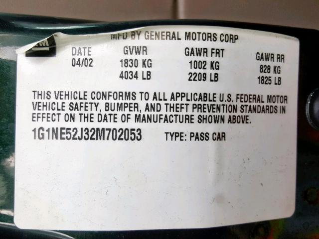 1G1NE52J32M702053 - 2002 CHEVROLET MALIBU LS GREEN photo 10