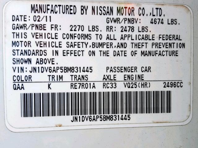 JN1DV6AP5BM831445 - 2011 INFINITI G25 BASE WHITE photo 10