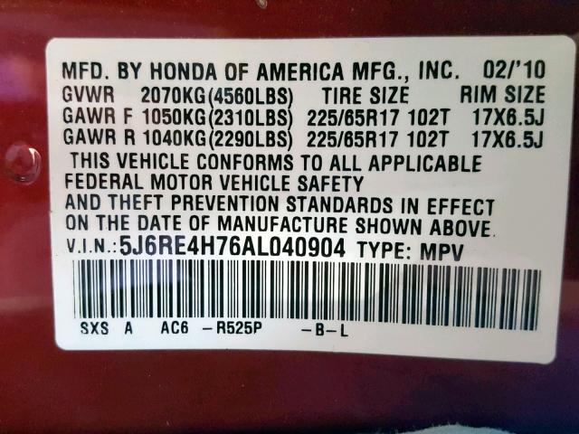 5J6RE4H76AL040904 - 2010 HONDA CR-V EXL RED photo 10