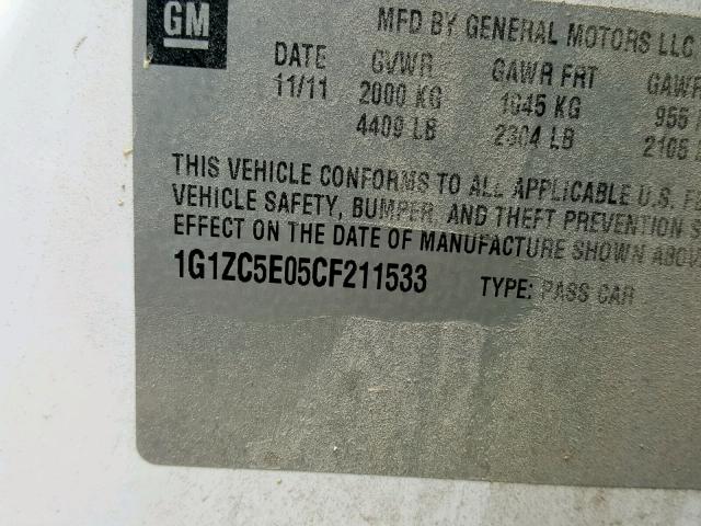 1G1ZC5E05CF211533 - 2012 CHEVROLET MALIBU 1LT 白色 照片 10