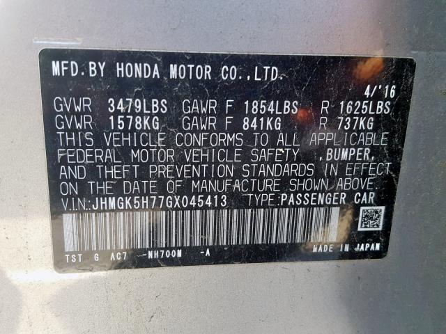 JHMGK5H77GX045413 - 2016 HONDA FIT EX SILVER photo 10