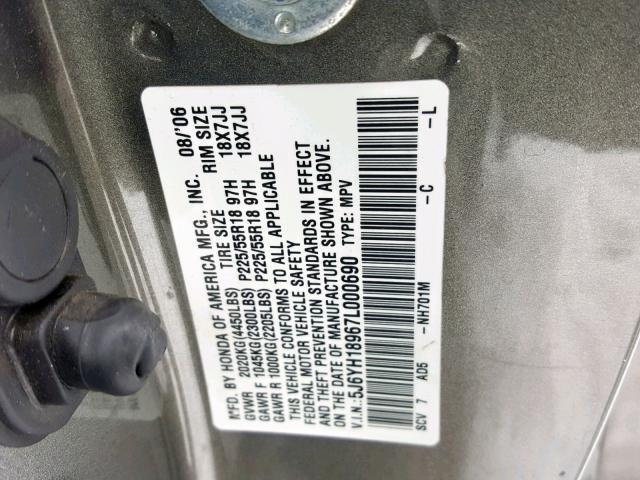 5J6YH18967L000690 - 2007 HONDA ELEMENT SC GRAY photo 10