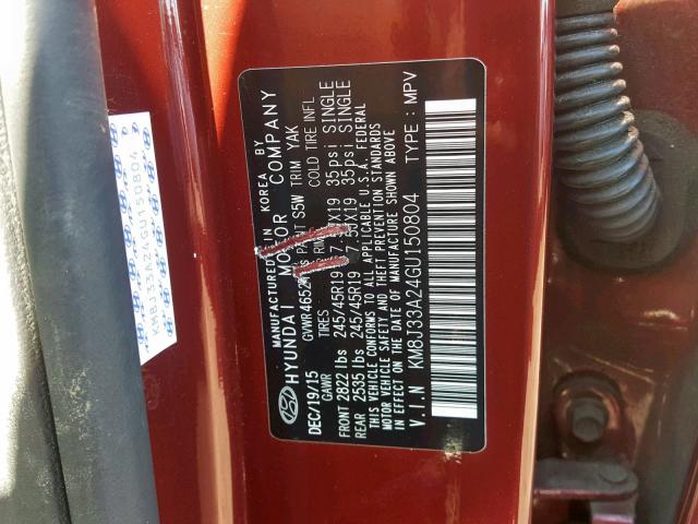 KM8J33A24GU150804 - 2016 HYUNDAI TUCSON LIM BURGUNDY photo 10