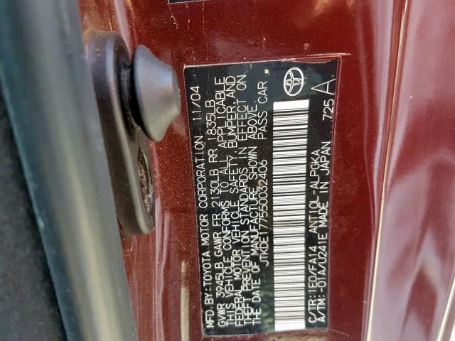 JTKDE177550032406 - 2005 TOYOTA SCION TC 栗色 照片 10