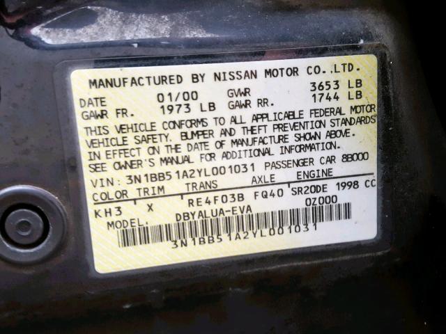 3N1BB51A2YL001031 - 2000 NISSAN SENTRA SE BLACK photo 10