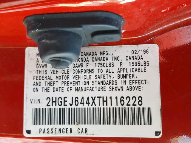 2HGEJ644XTH116228 - 1996 HONDA CIVIC DX RED photo 10