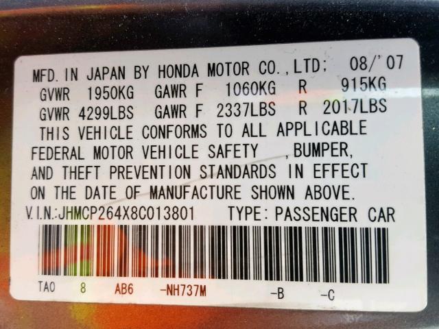 JHMCP264X8C013801 - 2008 HONDA ACCORD LXP GRAY photo 10