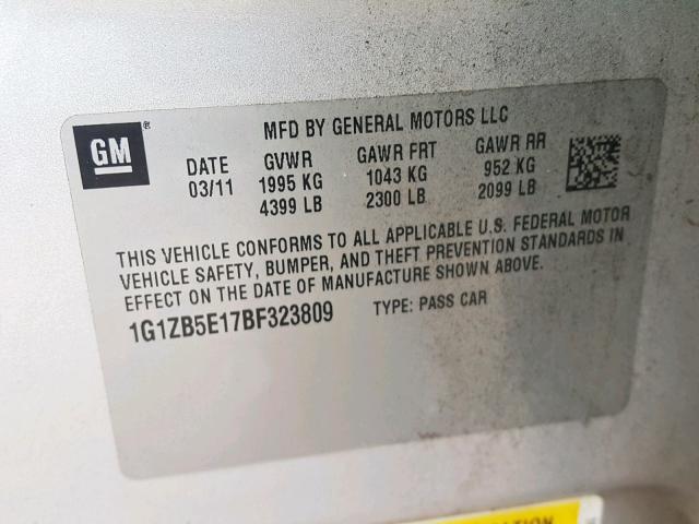 1G1ZB5E17BF323809 - 2011 CHEVROLET MALIBU LS 银色 照片 10