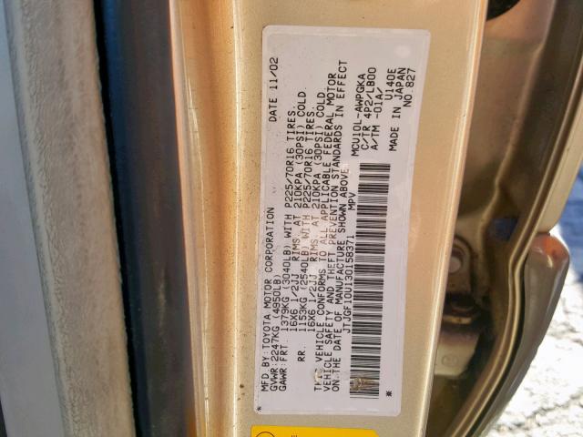 JTJGF10U130158371 - 2003 LEXUS RX 300 TAN photo 10