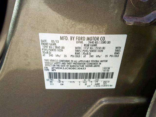 2FMDK3JC9DBC30433 - 2013 FORD EDGE SEL BROWN photo 10