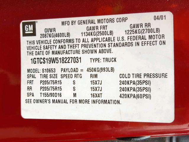 1GTCS19W518227031 - 2001 GMC SONOMA RED photo 10