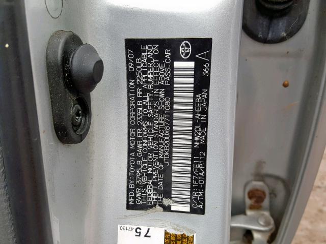 JTDKB20UX87711080 - 2008 TOYOTA PRIUS SILVER photo 10