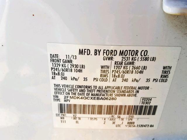 2FMDK4GCXEBA06280 - 2014 FORD EDGE SE WHITE photo 10