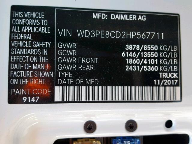 WD3PE8CD2HP567711 - 2017 MERCEDES-BENZ SPRINTER 2 WHITE photo 10