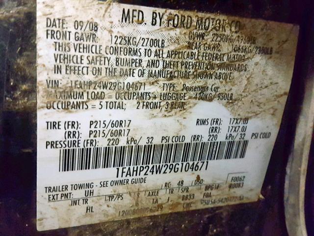 1FAHP24W29G104671 - 2009 FORD TAURUS SEL BLACK photo 10