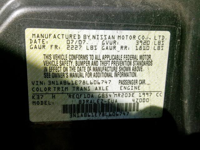 3N1AB61E78L606747 - 2008 NISSAN SENTRA 2.0 GRAY photo 10