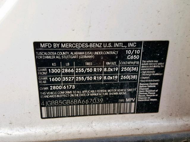 4JGBB5GB6BA667039 - 2011 MERCEDES-BENZ ML 350 WHITE photo 10