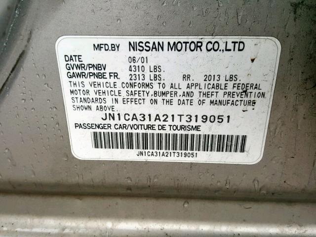 JN1CA31A21T319051 - 2001 NISSAN MAXIMA GXE SILVER photo 10