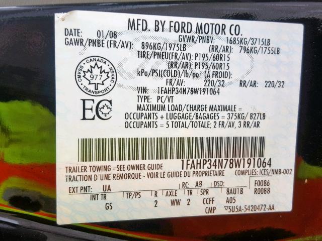 1FAHP34N78W191064 - 2008 FORD FOCUS S/SE BLACK photo 10