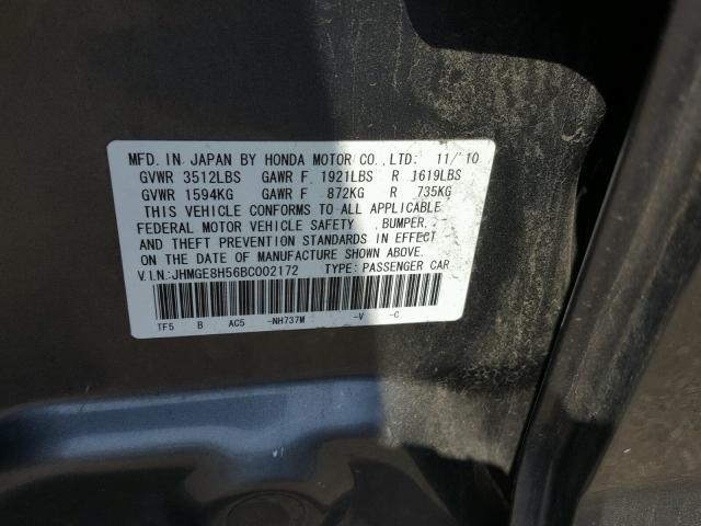 JHMGE8H56BC002172 - 2011 HONDA FIT SPORT GRAY photo 10