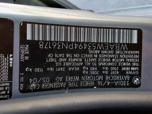 WBAEW53494PN36178 - 2004 BMW 330 XI SILVER photo 10