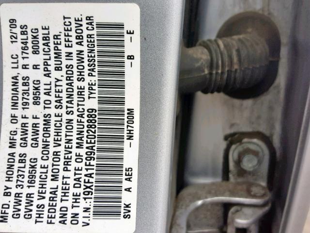 19XFA1F99AE028889 - 2010 HONDA CIVIC EXL SILVER photo 10