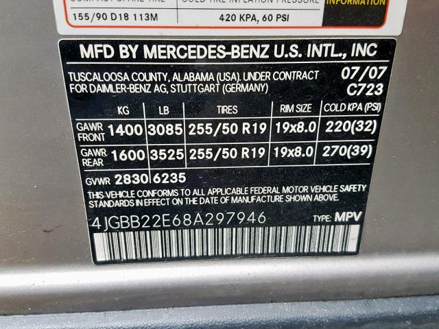 4JGBB22E68A297946 - 2008 MERCEDES-BENZ ML 320 CDI SILVER photo 10