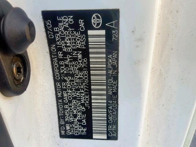 JTKDE177760081706 - 2006 TOYOTA SCION TC თეთრი ფოტო 10