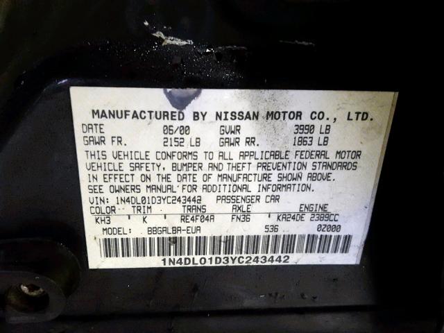 1N4DL01D3YC243442 - 2000 NISSAN ALTIMA XE BLACK photo 10