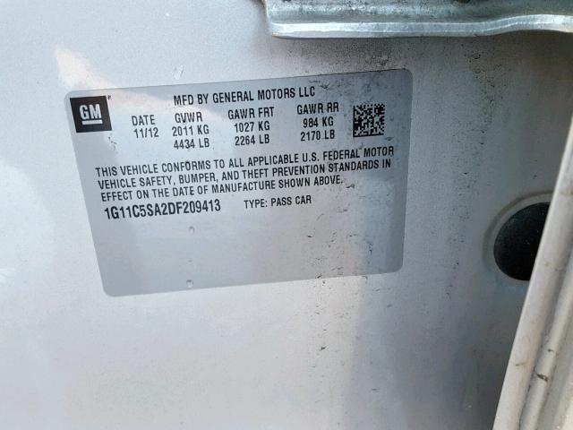 1G11C5SA2DF209413 - 2013 CHEVROLET MALIBU 1LT ვერცხლისფერი ფოტო 10