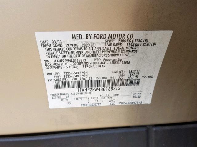 1FAHP2EW4BG168313 - 2011 FORD TAURUS SEL GOLD photo 10