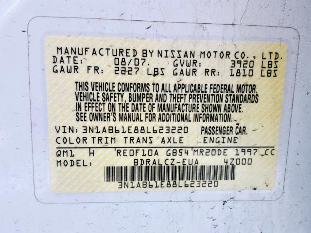 3N1AB61E88L623220 - 2008 NISSAN SENTRA 2.0 WHITE photo 10