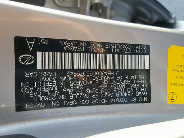 JTHBA30G055075942 - 2005 LEXUS ES 330 SILVER photo 10