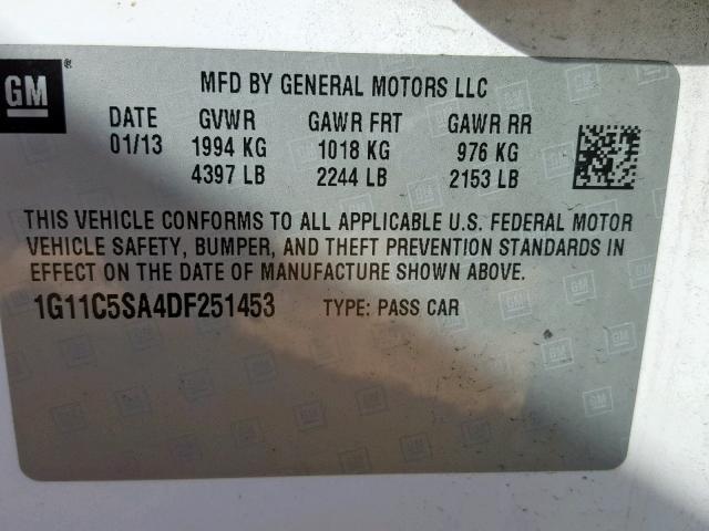 1G11C5SA4DF251453 - 2013 CHEVROLET MALIBU 1LT თეთრი ფოტო 10