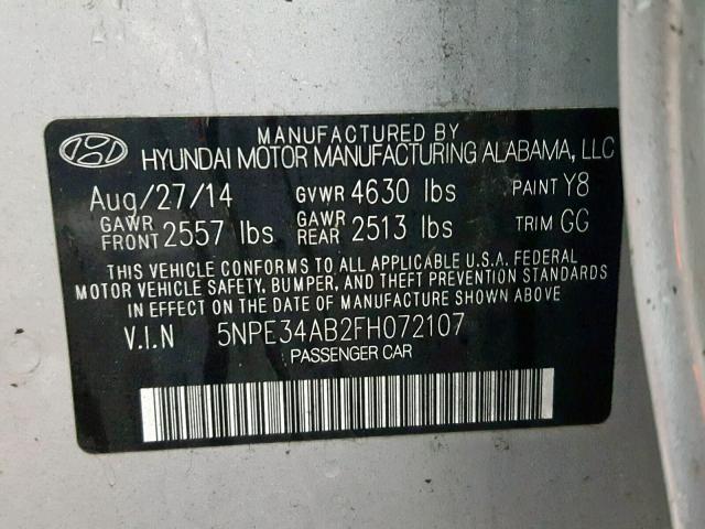 5NPE34AB2FH072107 - 2015 HYUNDAI SONATA SPO SILVER photo 10