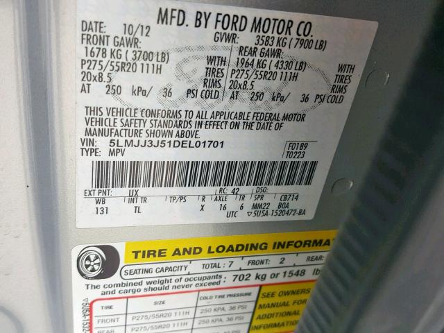 5LMJJ3J51DEL01701 - 2013 LINCOLN NAVIGATOR Күміс фото 10