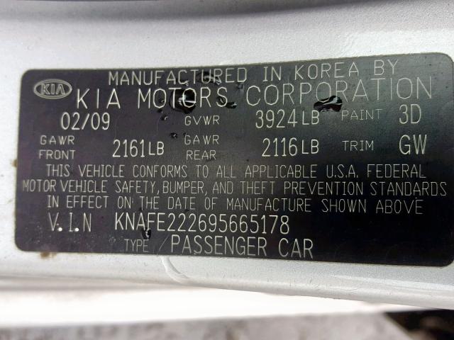 KNAFE222695665178 - 2009 KIA SPECTRA EX SILVER photo 10