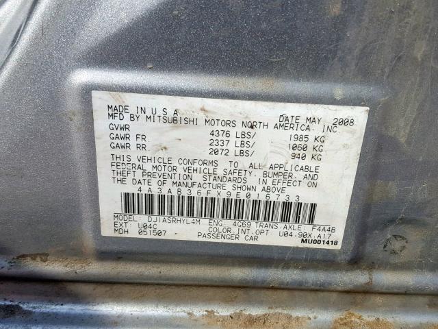 4A3AB36FX9E016733 - 2009 MITSUBISHI GALANT ES SILVER photo 10