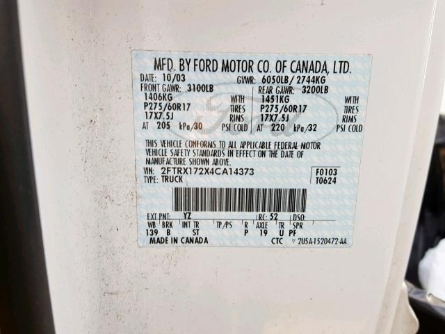 2FTRX172X4CA14373 - 2004 FORD F-150 HERI WHITE photo 10