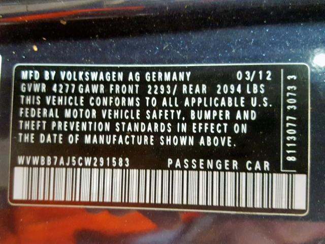 WVWBB7AJ5CW291583 - 2012 VOLKSWAGEN GOLF 蓝色 照片 10