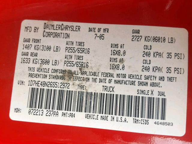 1D7HE48N26S512972 - 2006 DODGE DAKOTA QUA RED photo 10