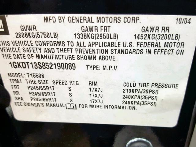 1GKDT13S852190089 - 2005 GMC ENVOY BLACK photo 10