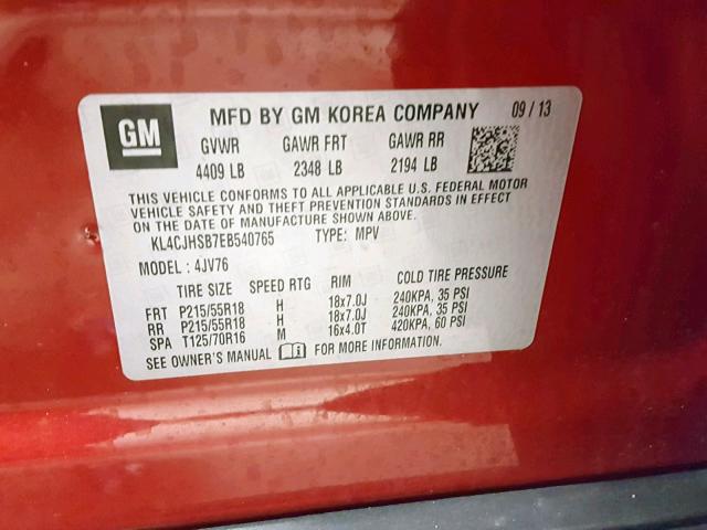 KL4CJHSB7EB540765 - 2014 BUICK ENCORE PRE RED photo 10