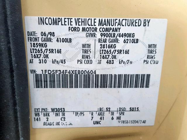 1FDSF34F4XEB00604 - 1999 FORD F350 SRW S TAN photo 10