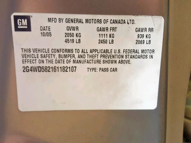 2G4WD582161182107 - 2006 BUICK LACROSSE C GOLD photo 10