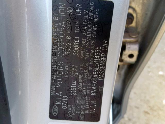 KNAFX4A86E5114335 - 2014 KIA FORTE EX SILVER photo 10